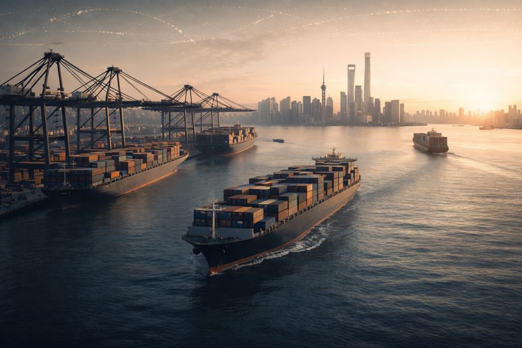 Luxury editorial image of a modern container port at sunrise, featuring large cargo ships, cranes, and stacked shipping containers in the foreground, with a refined Shanghai skyline in the distance. Warm golden light reflects on calm water, creating a sophisticated global trade atmosphere. The China Trade Academy logo appears subtly in the lower-right corner in a refined champagne-gold tone, integrated elegantly into the composition.